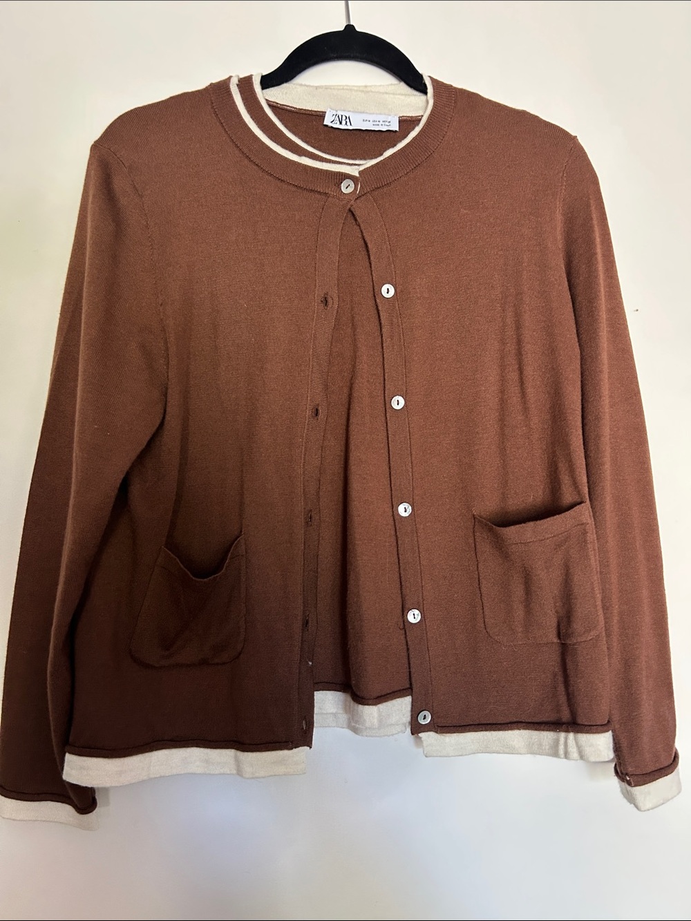 Zara Rust-Brown Button Cardigan with Cream Trim and matching tank (a set)